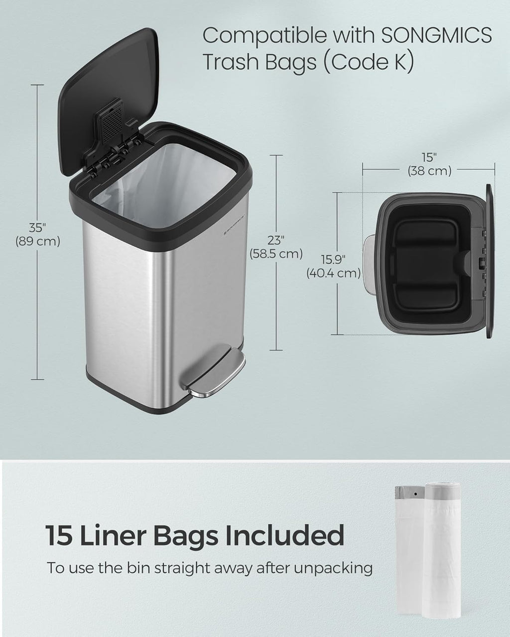 Kitchen Trash Can, 13 Gallon (50 L) Stainless Steel Garbage Can, with Stay-Open Lid and Step-on Pedal, Soft Closure