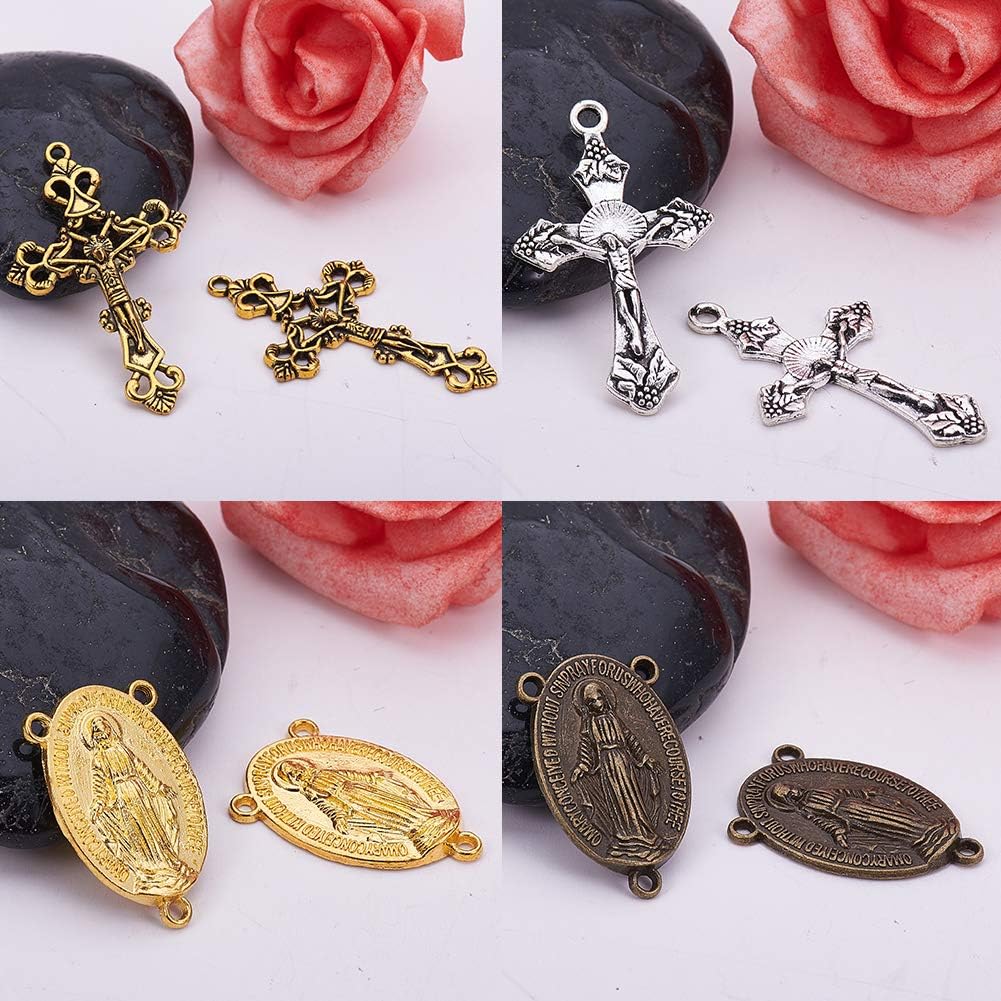 Tibetan Style Rosary Cross Charms and Center Miraculous Medal Easter Vintage Cross Crucifix Pendants Oval Chandelier
