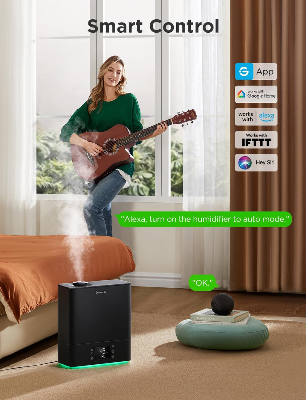 Smart Humidifiers for Bedroom Large Room, 6L Top Fill Humidifier | Cool Mist, Auto Mode, App & Voice Control, 60H