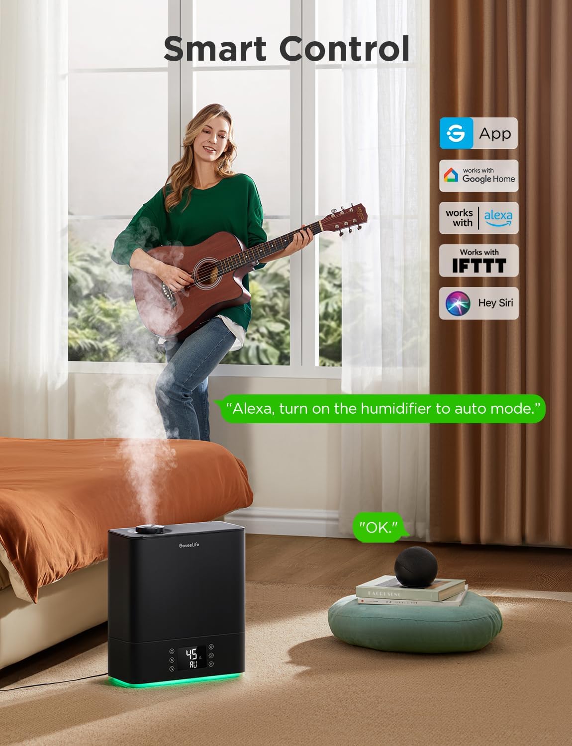 Smart Humidifiers for Bedroom Large Room, 6L Top Fill Humidifier | Cool Mist, Auto Mode, App & Voice Control, 60H