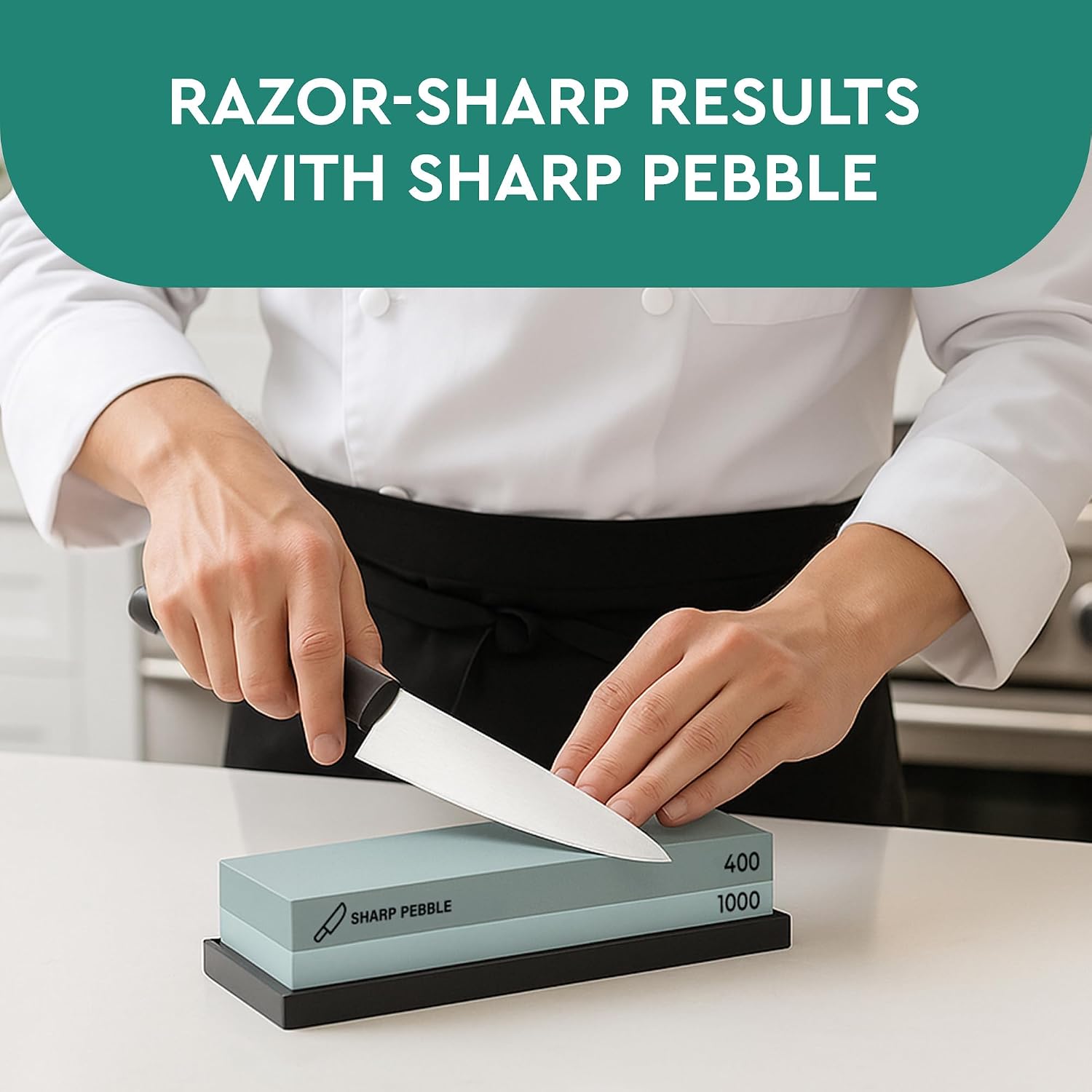 Whetstone Knife Sharpening Stone Kit - 2 Sided 400/1000 Grit | Razor Sharp Edges at Home - Wet Stone Kitchen Knife