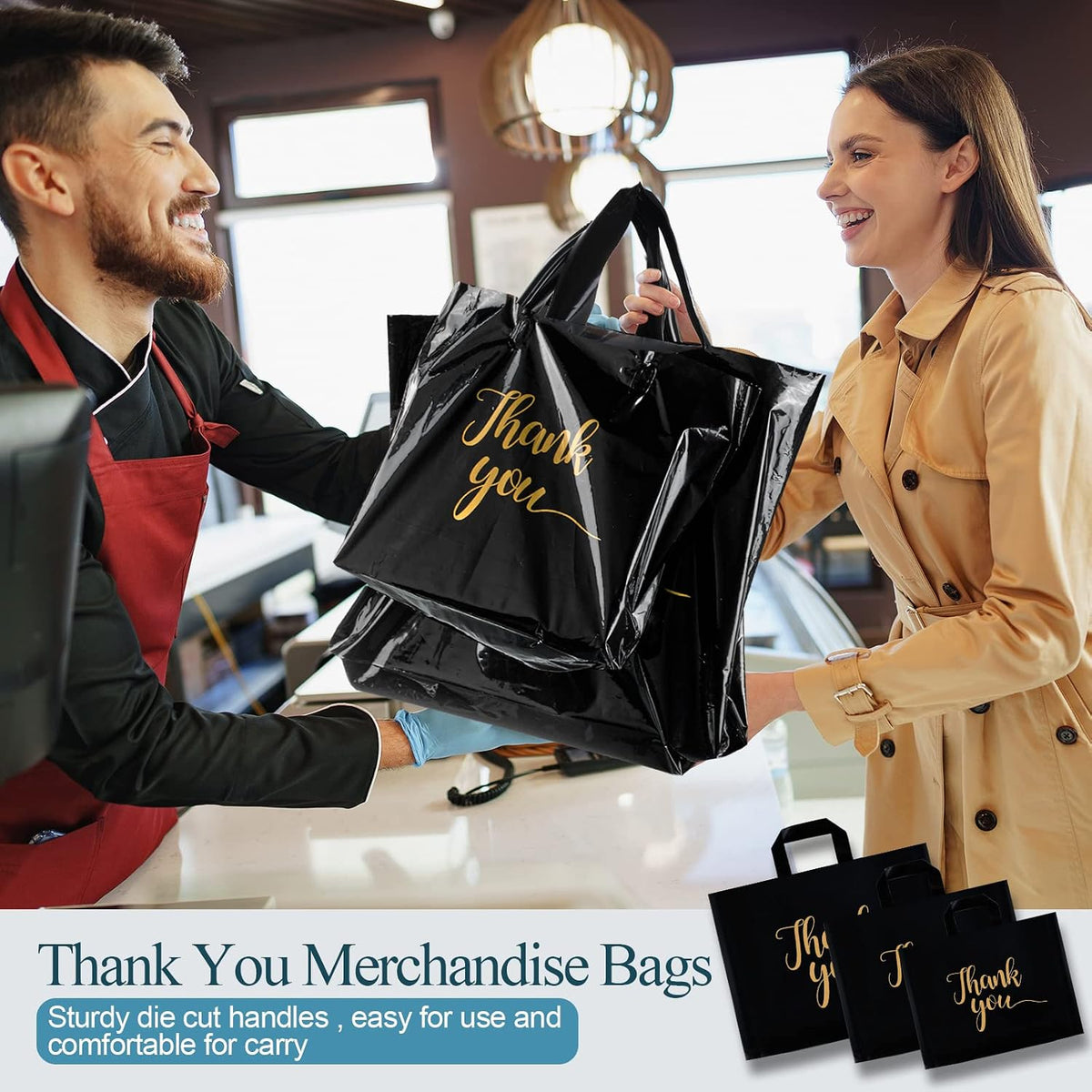 200 Pcs Thank You Shopping Bags with Handle,Black