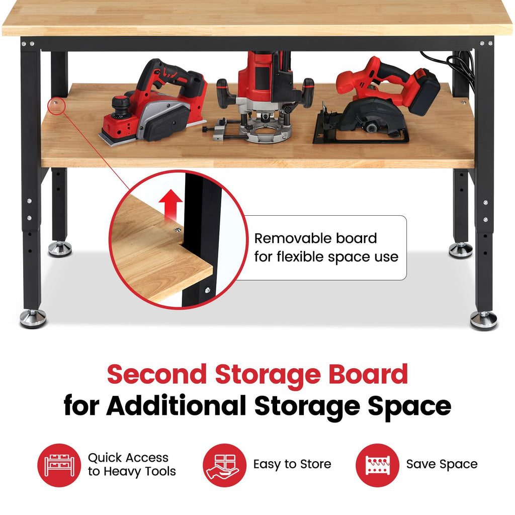 60" Heavy Duty Workbench, Adjustable Height Garage Work Bench with Solid Rubberwood Top, Storage Shelf & Power