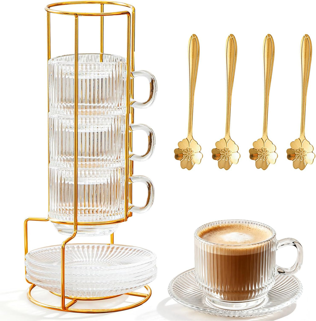 5.4 oz Espresso Cups Set of 4,Stackable Clear Glass Small Coffee Cup Set