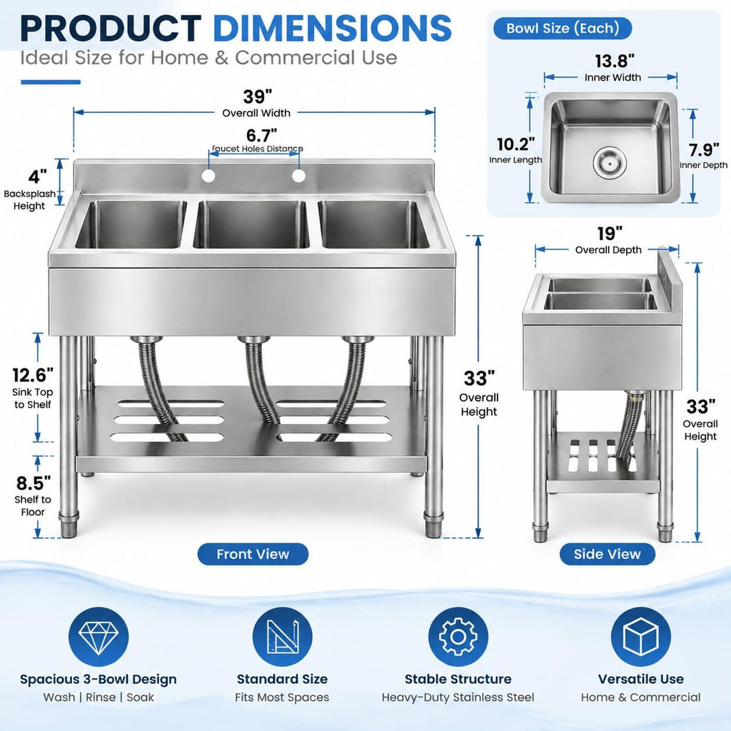 3 Compartment Utility Sink, 39 x 19 x 33 Inch Stainless Steel
