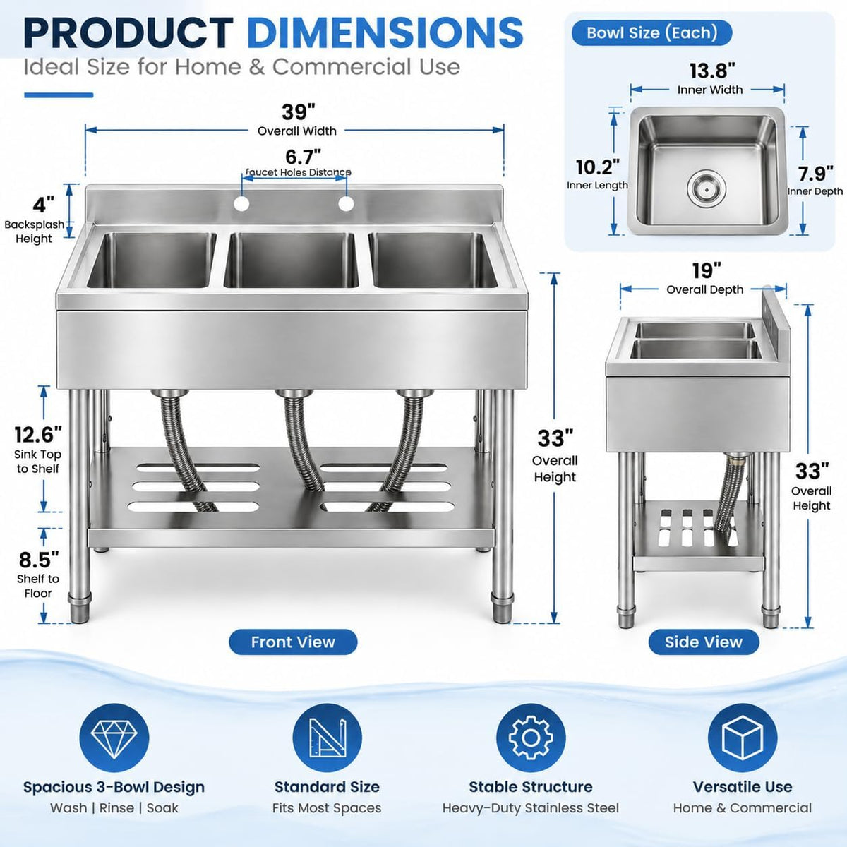 3 Compartment Utility Sink, 39 x 19 x 33 Inch Stainless Steel