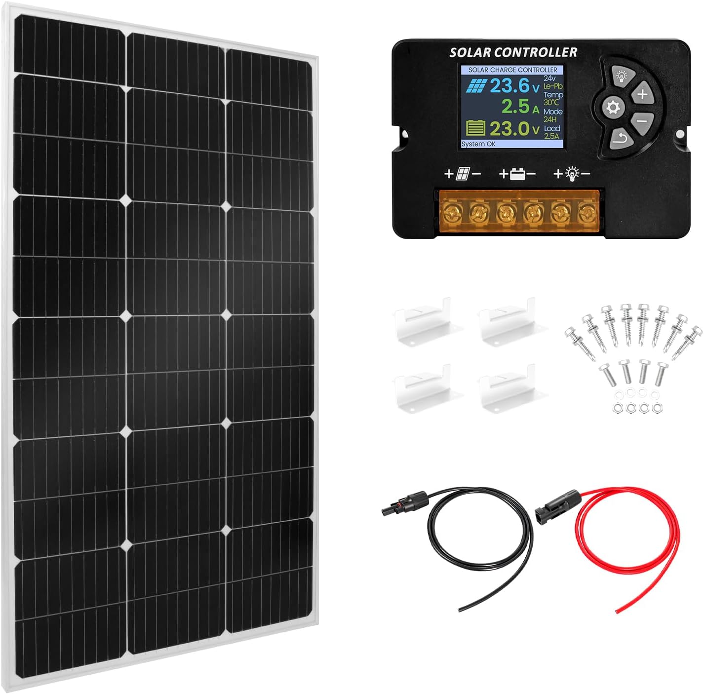100W Monocrystalline Solar Panel Kit with 20A PWM Controller - 12V/24V High Efficiency Solar Panel for RV, Boat