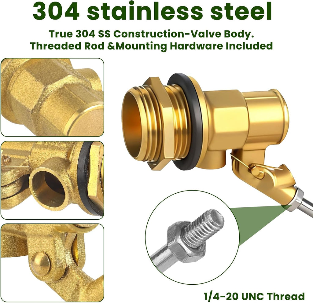 Stainless Steel Float Valve for Water Tank, Automatic Water Level Control Valve with Adjustable Rod, 1/2" & 3/4" NPT