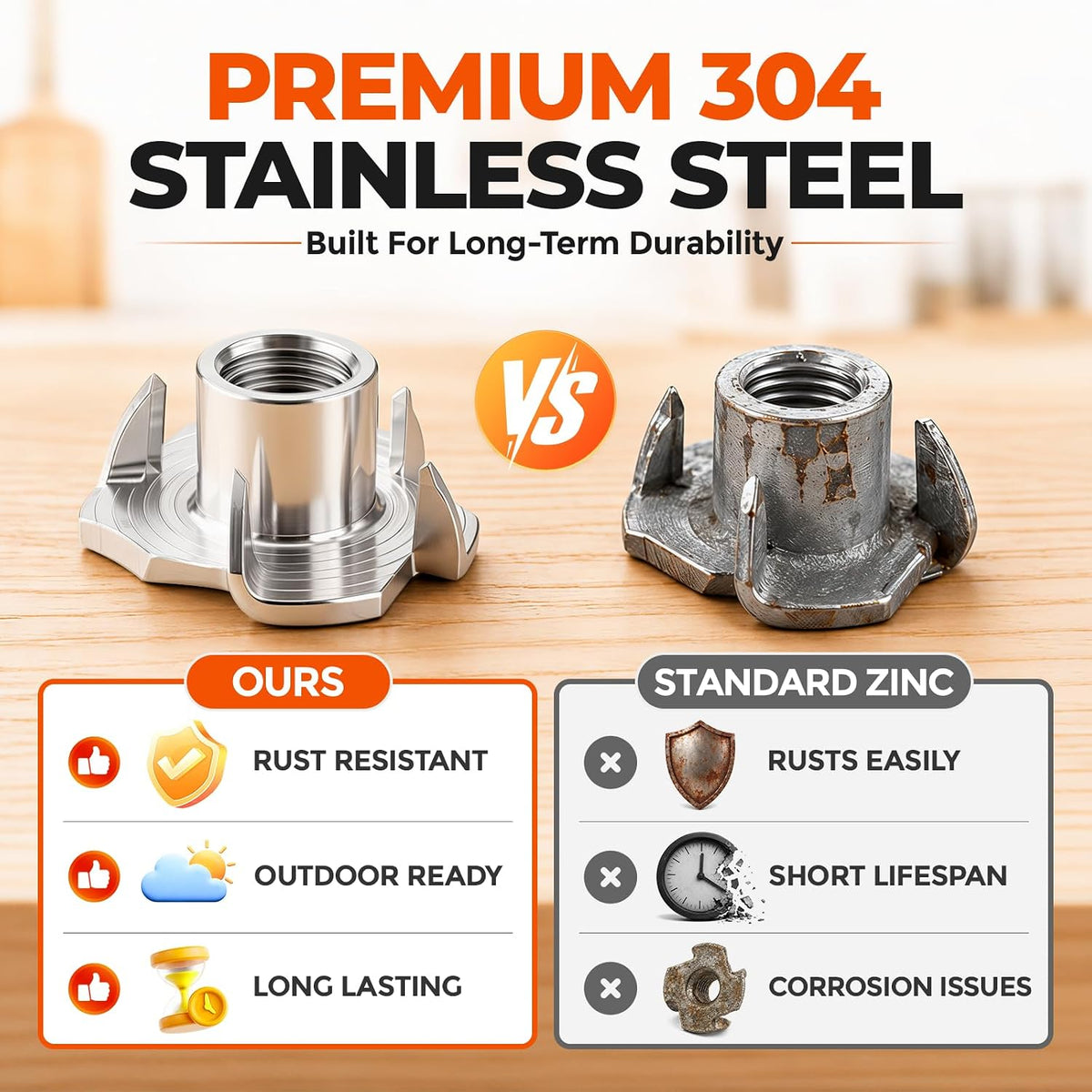 16 Sets 1/4-20 T Nuts & 3/4 in Bolts Kit, 304 Stainless Steel 4-Prong T Nut