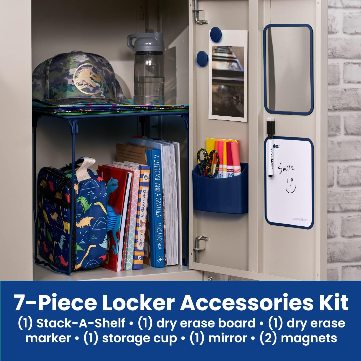 7-Piece Locker Organizer Kit, Includes Locker Shelf, Mirror, Whiteboard, Storage Cup & Dry Erase Marker, Blue