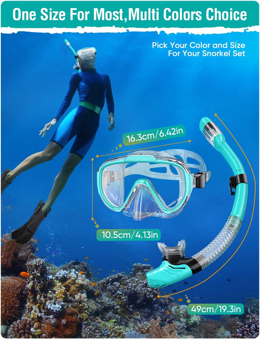 Snorkel Set Adults Snorkeling Gear Anti-Fog Panoramic View Swim Mask Dry Top Snorkel Kit with Carry Bag for