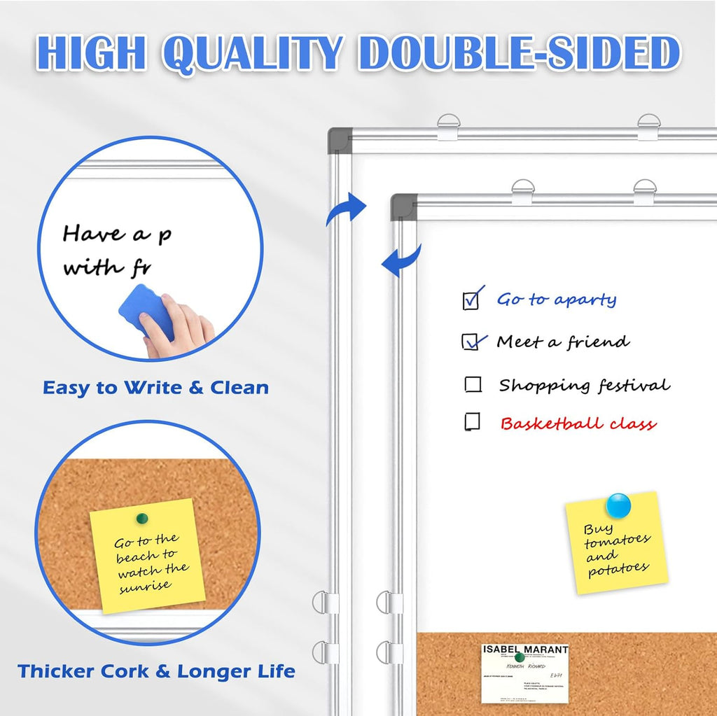 Whiteboard Cork Board Combo for Wall, WALGLASS 36" x 24" Double-Sided Large Dry Erase Whiteboard Corkboard