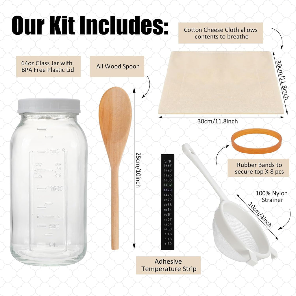 8 Pcs Kefir Jar Kit, 64 oz Wide Mouth with Strainer, Regular | Milk Kefir Fermentation Jar, Plastic Lid, Cotton