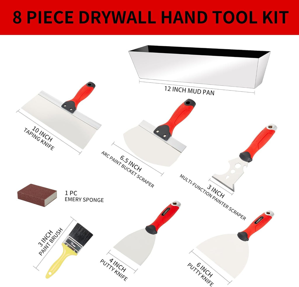 Drywall Tool Kit Putty Knife Set, 8PCS | Stainless Steel, Multiple Knives, Paint Scraper, Mud Pan