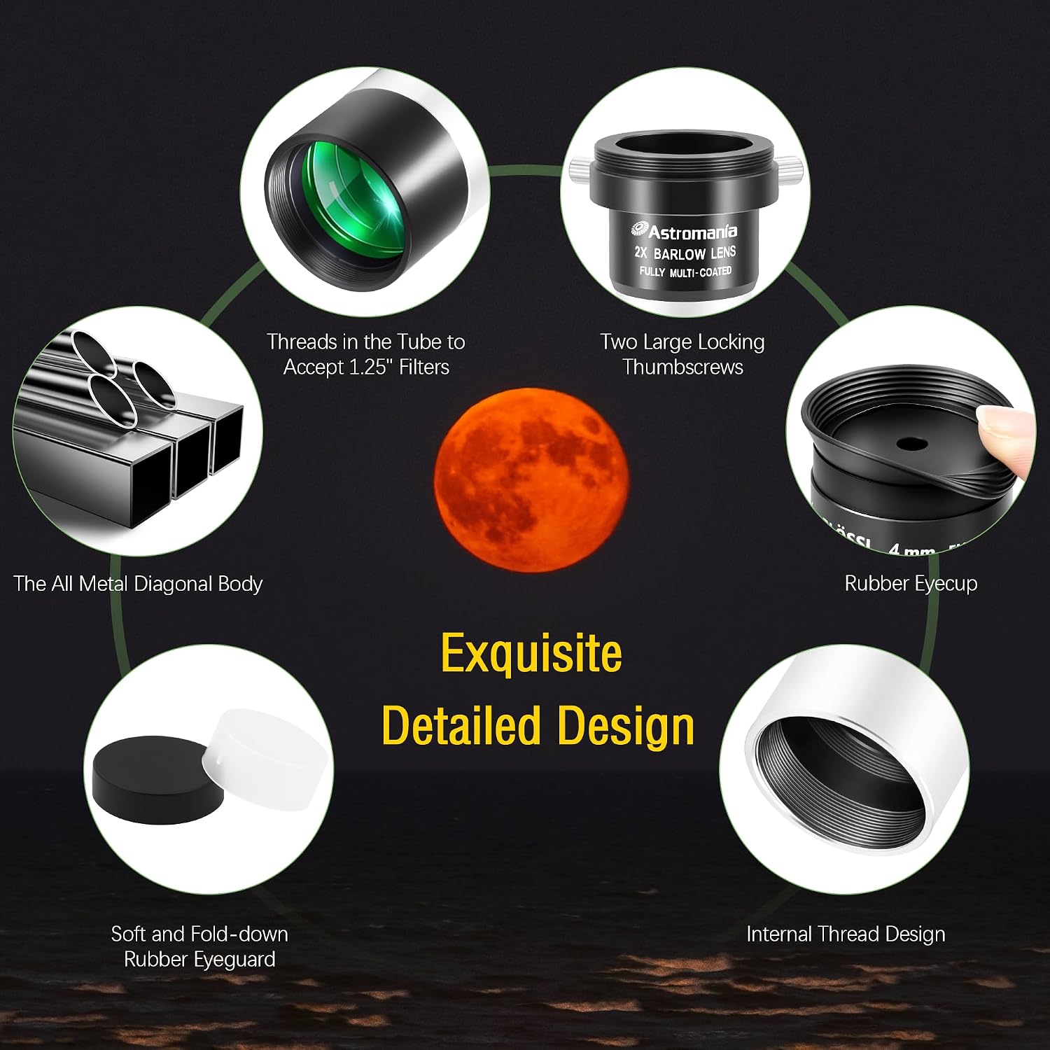 Eyepiece Set with 4 10 25mm Plossl Eyepieces & Barlow Lens 2X | Telescope Accessory Kit, 50 Degree Plossl Eyepiece