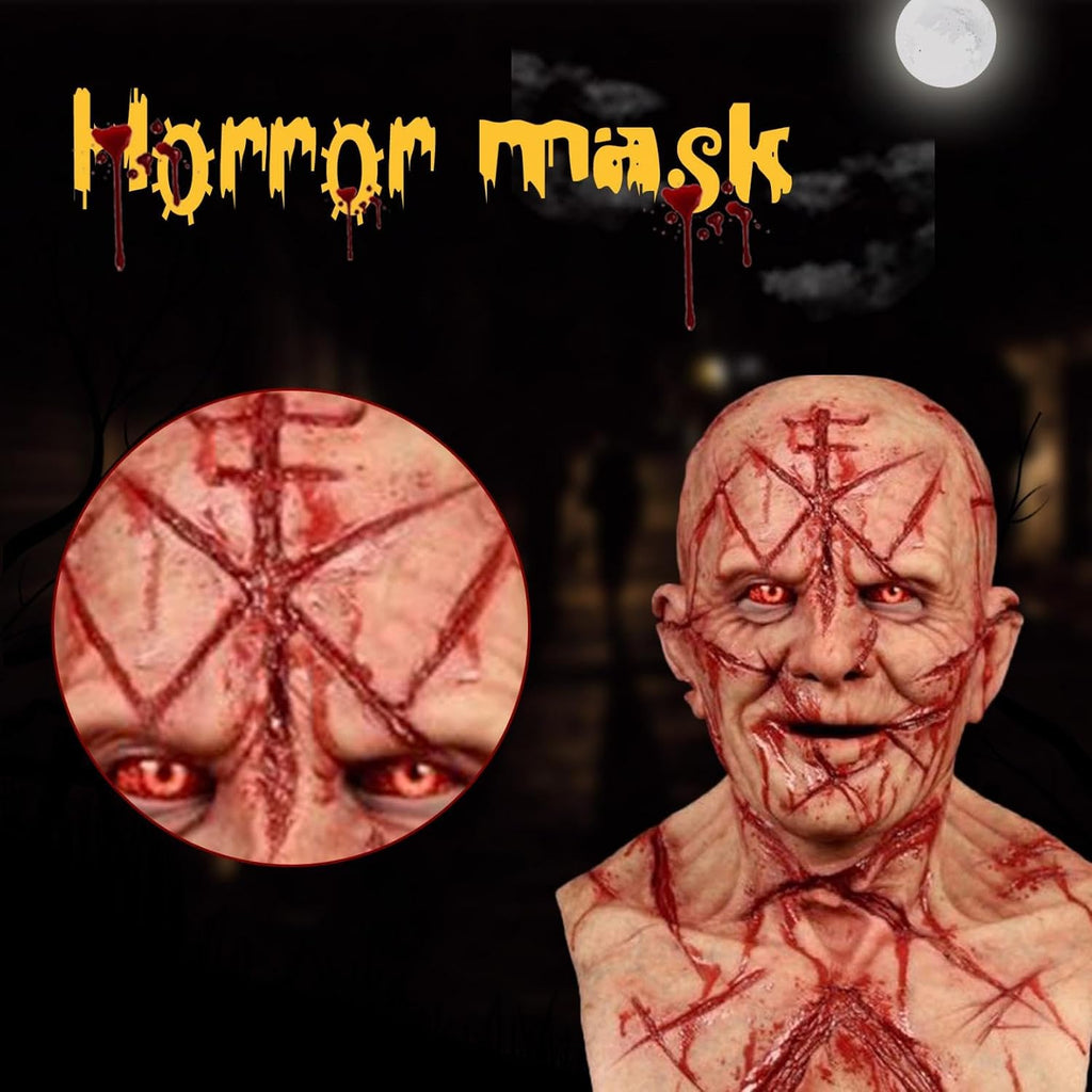 Halloween Scary Demon Latex Mask with Bloody Scars, Realistic Bald Head Horror Costume for Adults, Cosplay Parties