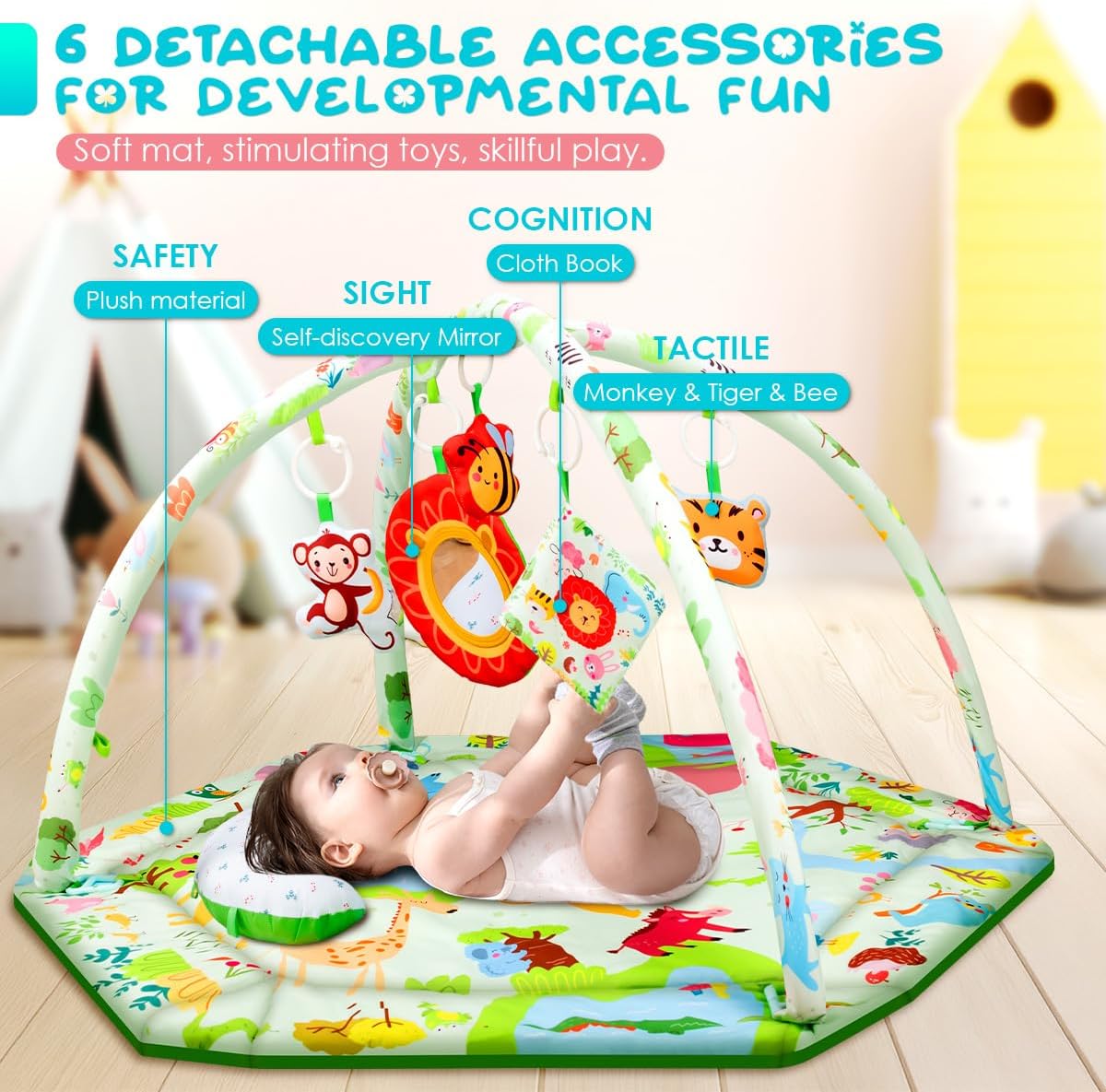 Baby Play Mat,Tummy Time Mat with 6 Detachable Toys-Activity Gym for Visual, Auditory & Motor Development-Washable