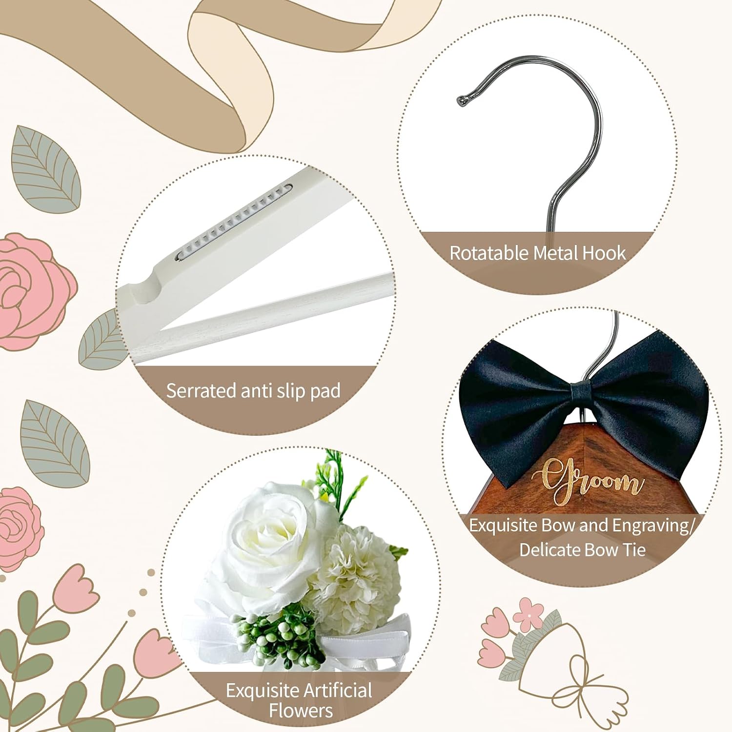 Groom Bride Hanger for Wedding Dress or Suit - 2 Pack Wedding Hangers Gifts Accessories - Bridal Hanger with Bow Tie