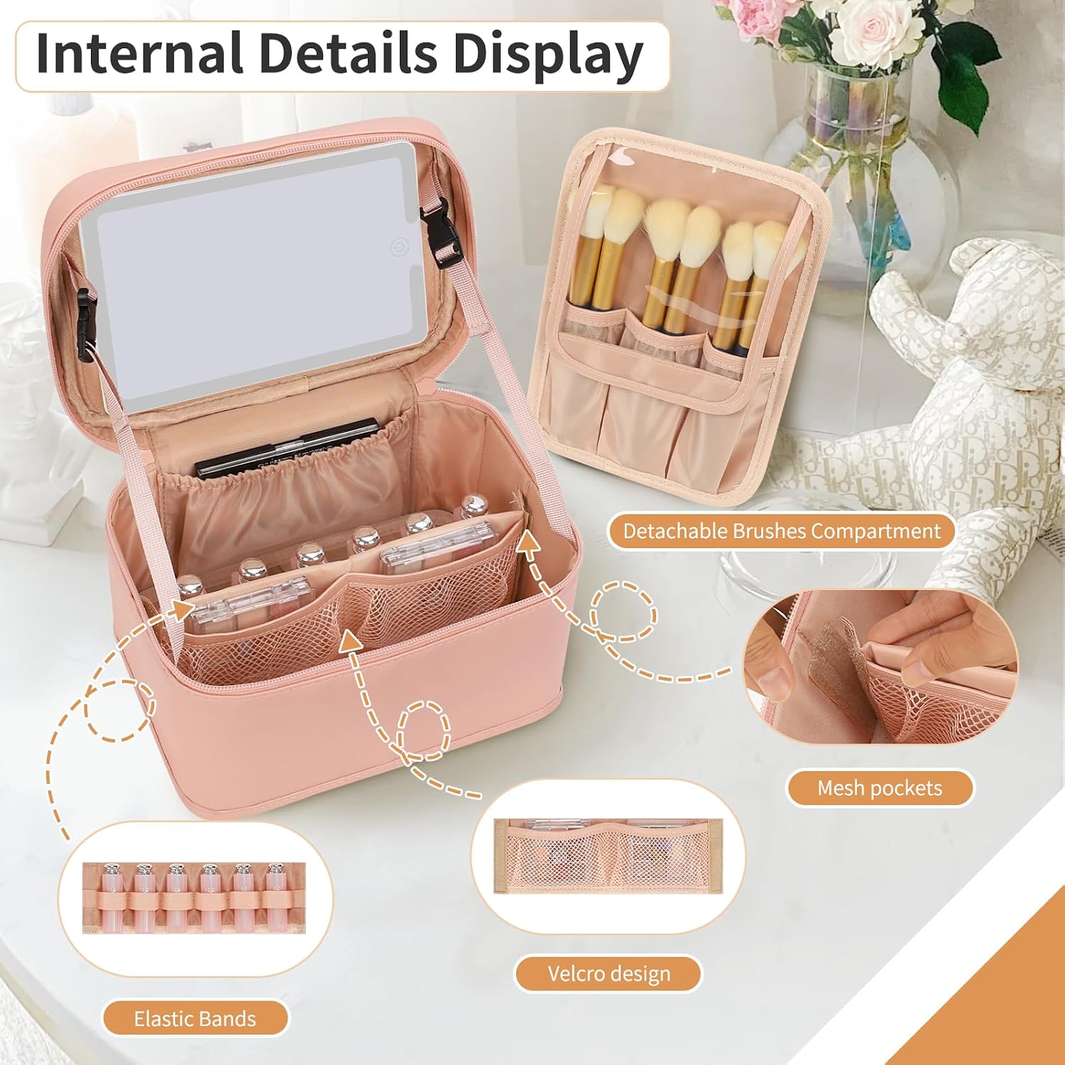 Makeup Bag With LED Mirror, Lightweight Travel Makeup Bag With 3 Color Setting Light Up Mirror Cosmetic Makeup