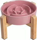 Elevated Slow Feeder Dog Bowl - Ceramic Maze Food Dish with Bamboo Stand - Raised Feeding Bowl for Fast Eaters