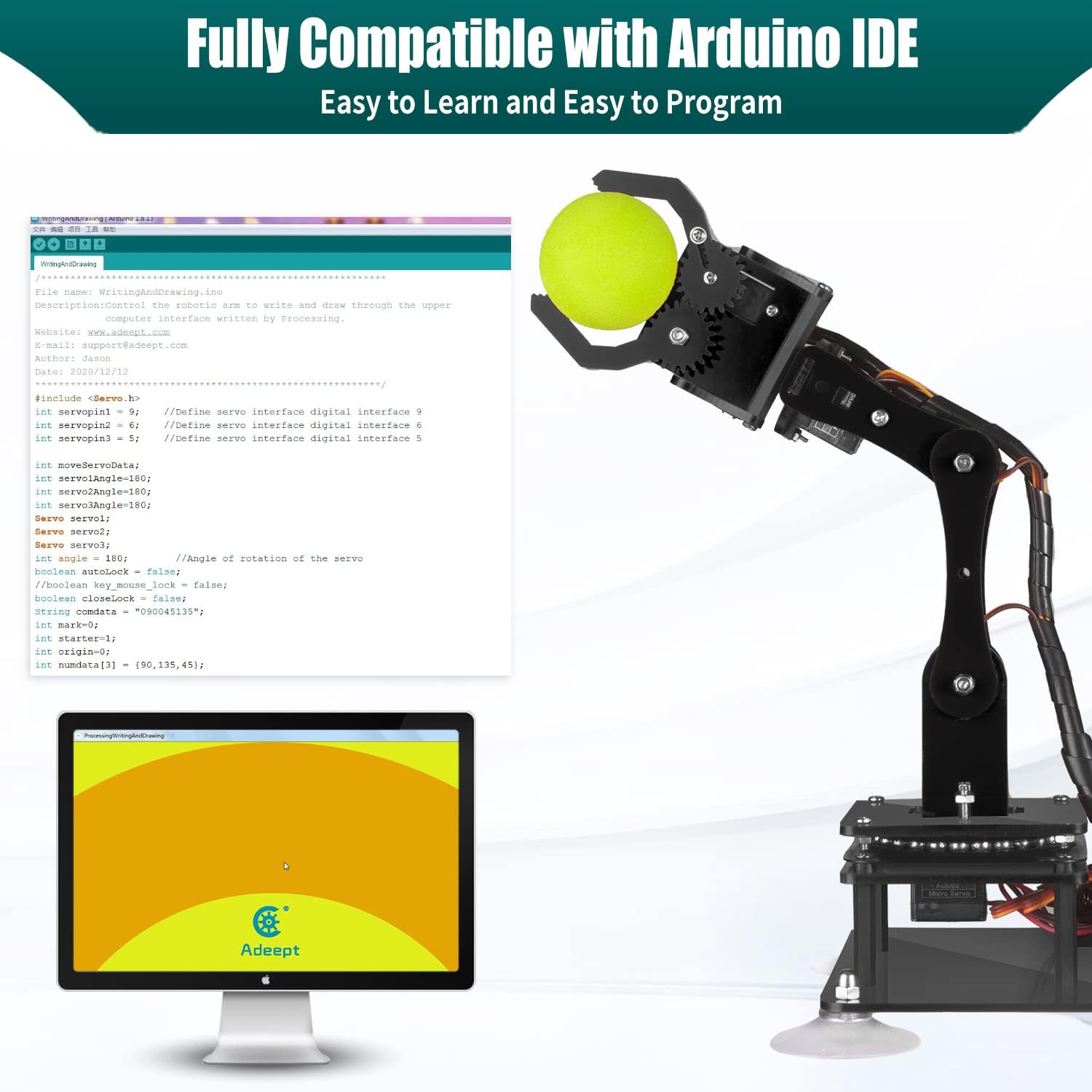 5DOF Robotic Arm Kit for Arduino IDE, Programmable DIY Coding Kits | STEM Educational 5 Axis Build Robots Arms, Robot