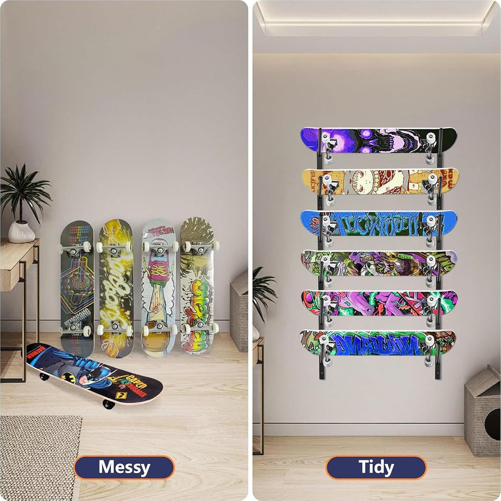Skateboard Rack-6-Tier Skateboard Wall Mount & Snowboard Rack –Snowboard Wall Mount – Space-Saving Multi-Functional