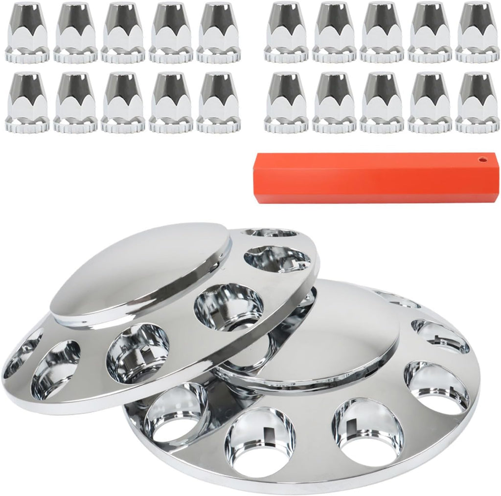 2 Chrome Front Hub Axle Cover Center Caps with 33mm Lug Nut Covers Replacement for Semi Truck 20 in, 22.5 in and 24.5