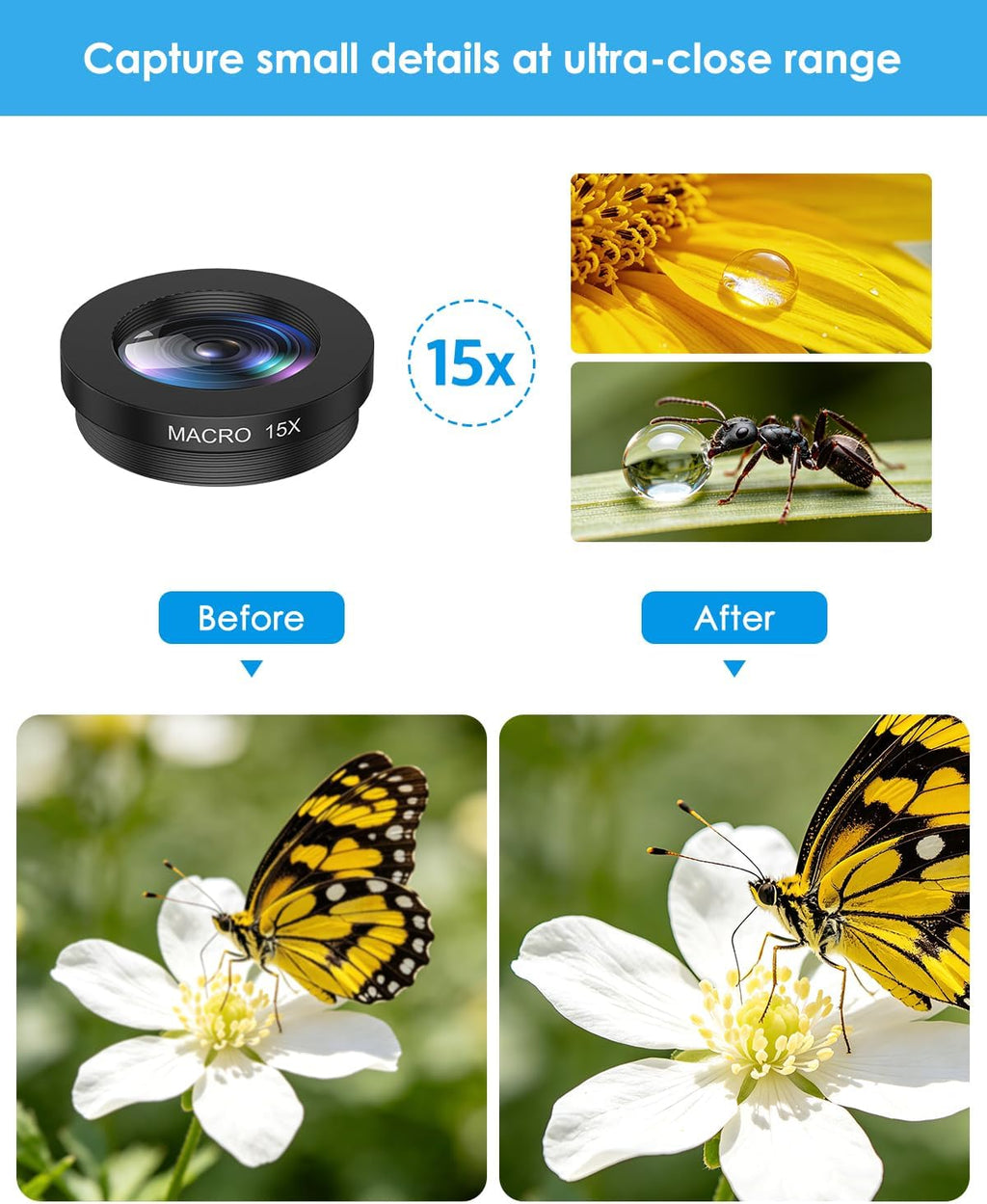 7 in 1 Clip On Phone Camera Lens Kit, 0.63X Wide Angle,15X Macro,2X Telephoto,198°Fisheye,CPL,Starburst, Kaleidoscope