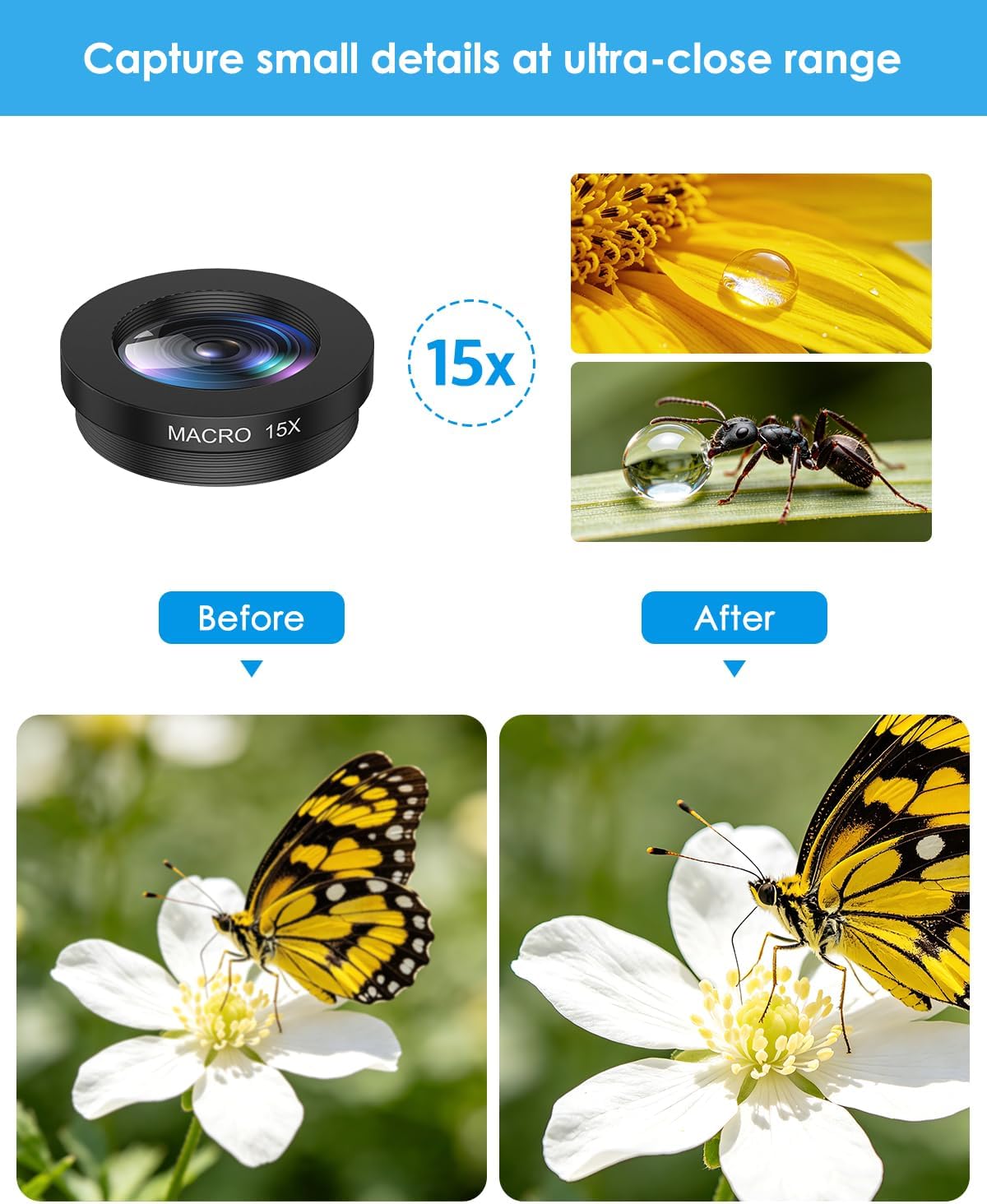 7 in 1 Clip On Phone Camera Lens Kit, 0.63X Wide Angle,15X Macro,2X Telephoto,198°Fisheye,CPL,Starburst, Kaleidoscope