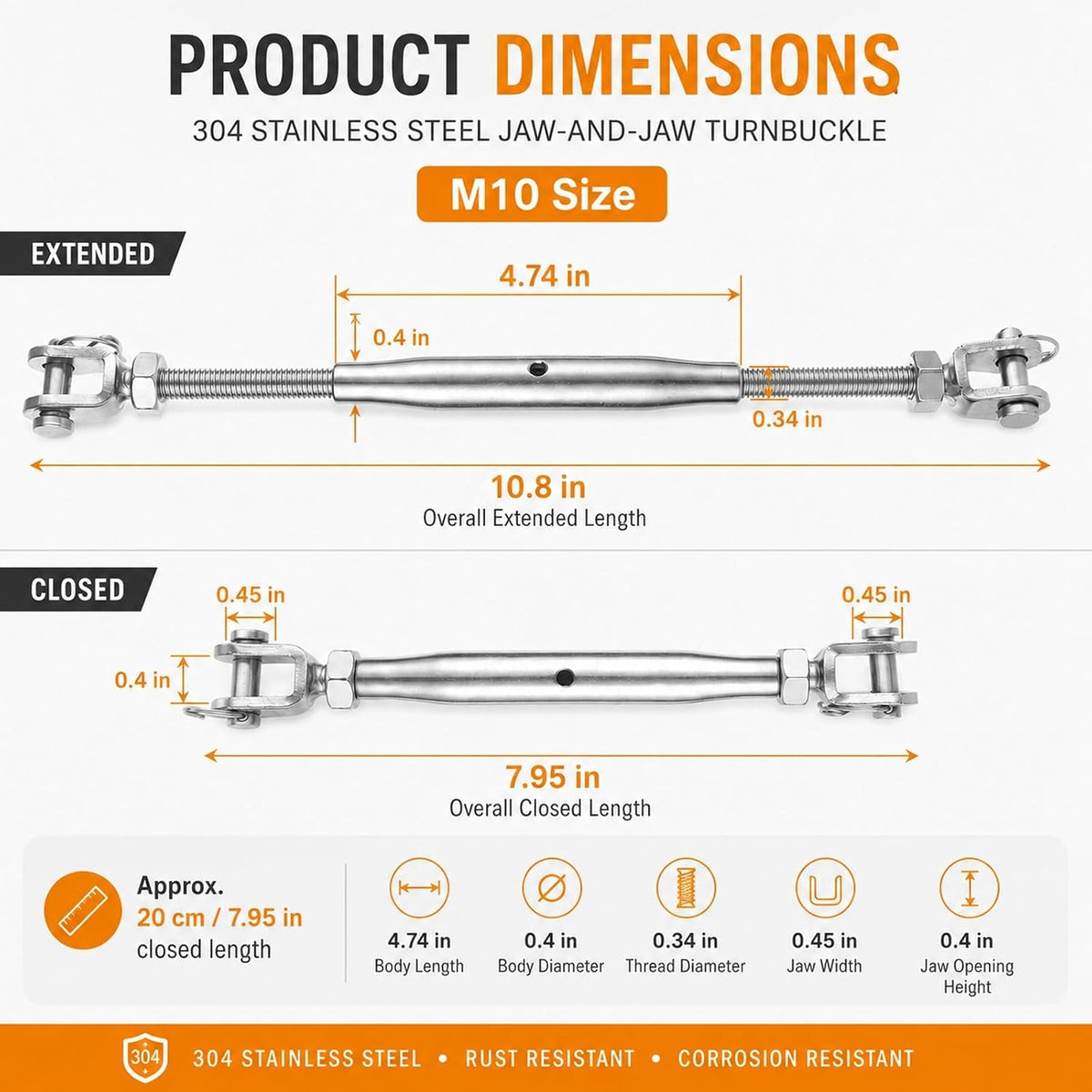 2 Pack 3/8 Inch M10 Turnbuckles Jaw and Jaw Stainless Steel Turnbuckle Heavy Duty Rust & Corrosion Resistance Rigging