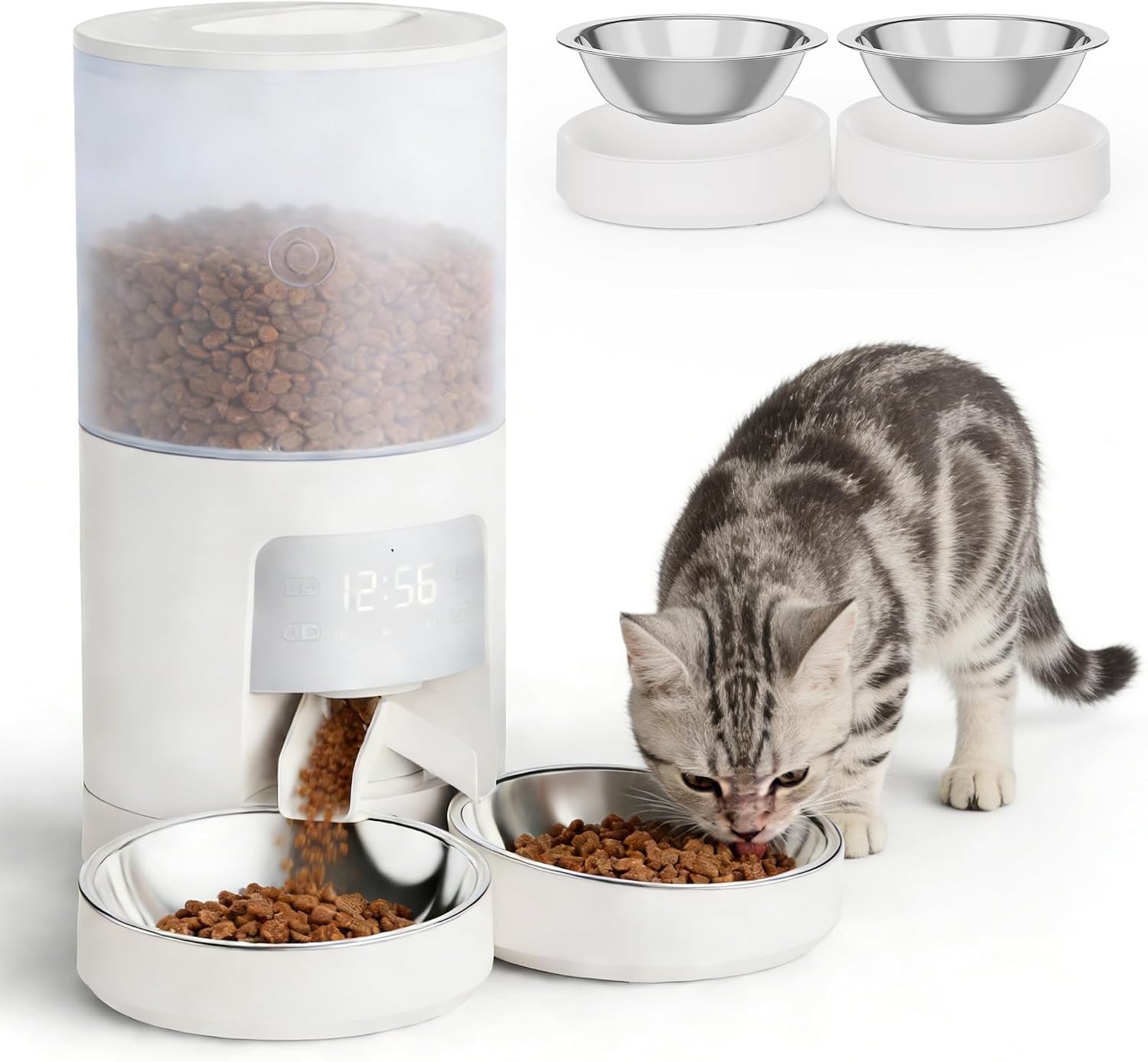 6L Automatic Cat Feeder for 2 Cats, Timed Cat Food Dispenser with 2 Stainless Bowls, 10s Voice Recorder, Dual Power