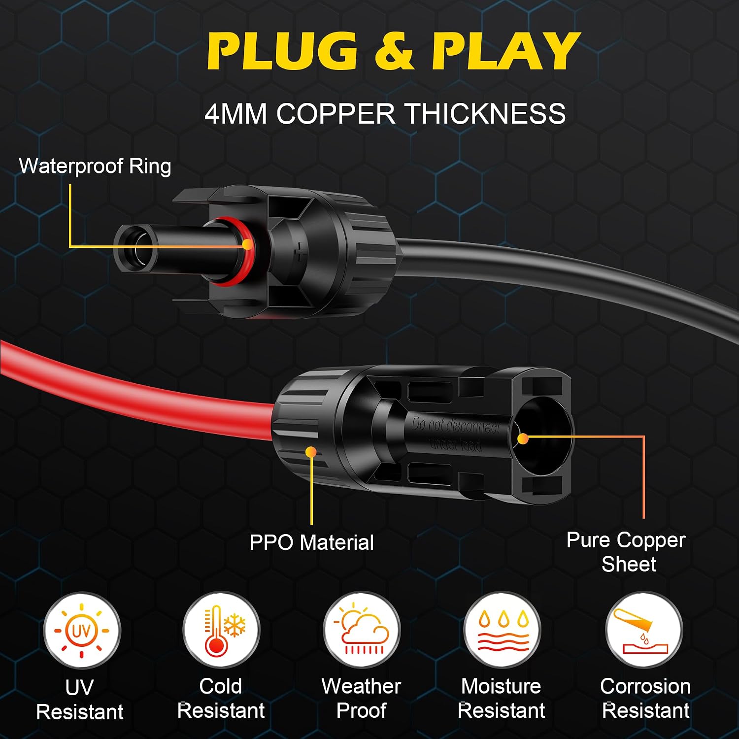 10Ft Solar Cable Solar Extension Cable,10AWG Solar Panel Extension Cable with Female and Male Connectors,Waterproof
