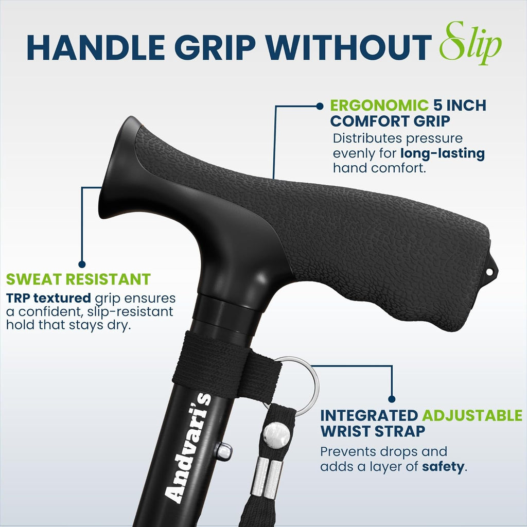 Walking Cane for Men & Women – Foldable, Adjustable, Self-Standing Cane with 360° Pivot Base, Comfortable Grip, Heavy