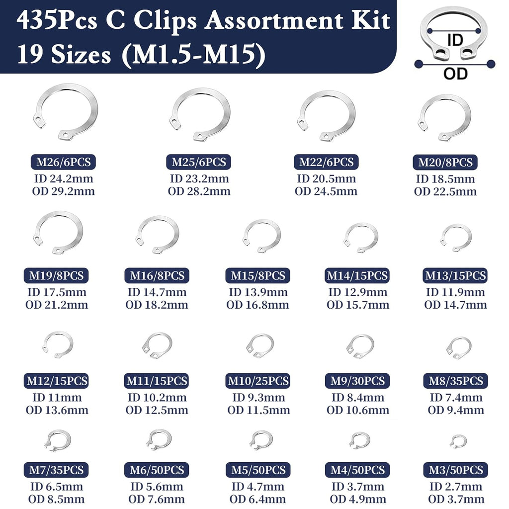 ZQZ C Clips Assortment Kit (M3-M26), 435 Pcs External Retaining Rings Set