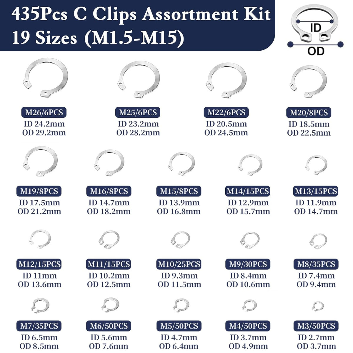 ZQZ C Clips Assortment Kit (M3-M26), 435 Pcs External Retaining Rings Set
