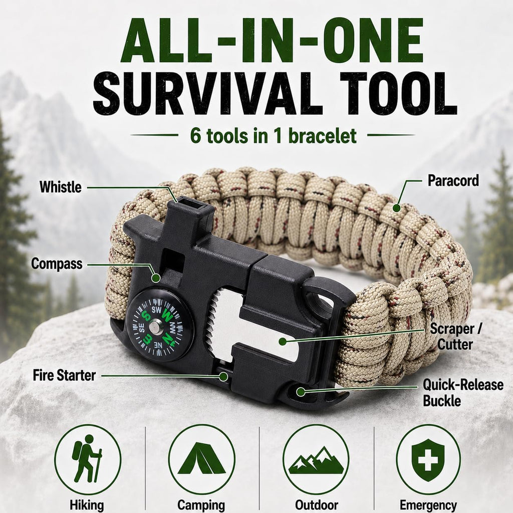 Sports Whistle, 6-in-1 Survival Whistle with Compass & Fire Starter | ABS Plastic & Paracord, Compact Wristband