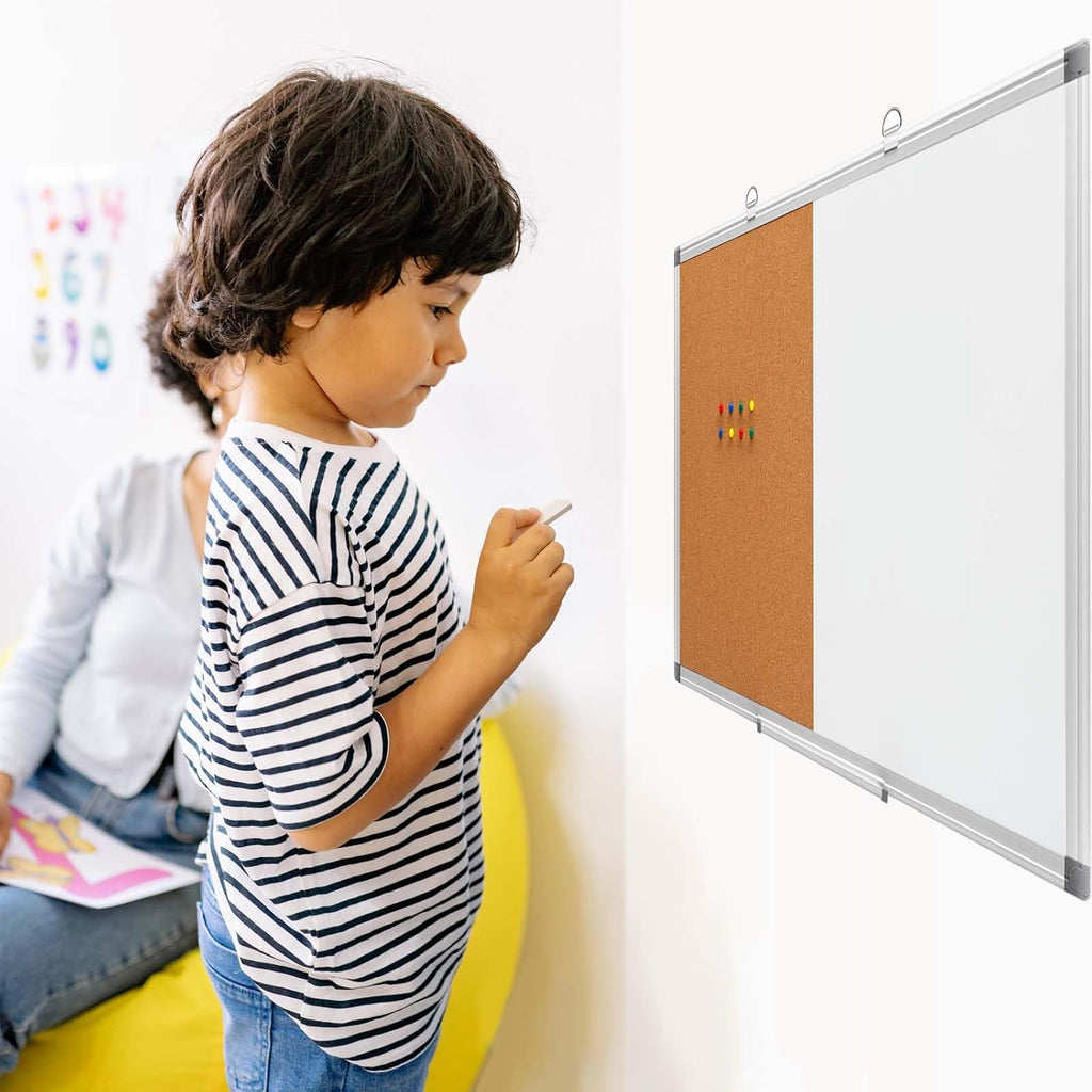 Cork Board Magnetic Dry Erase Board Combo, 24 x 18 Inches Whiteboard and Bulletin Board Combination, Aluminum Frame