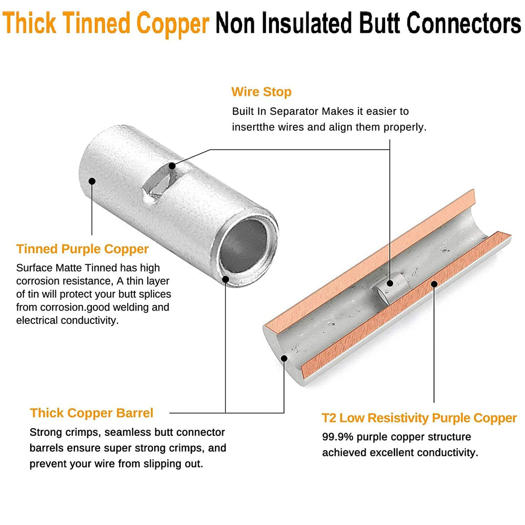 380PCS Non Insulated Butt Connectors Kit Butt Splice Connector Uninsulated Wire Splice Connectors for 26 to 6 Gauge