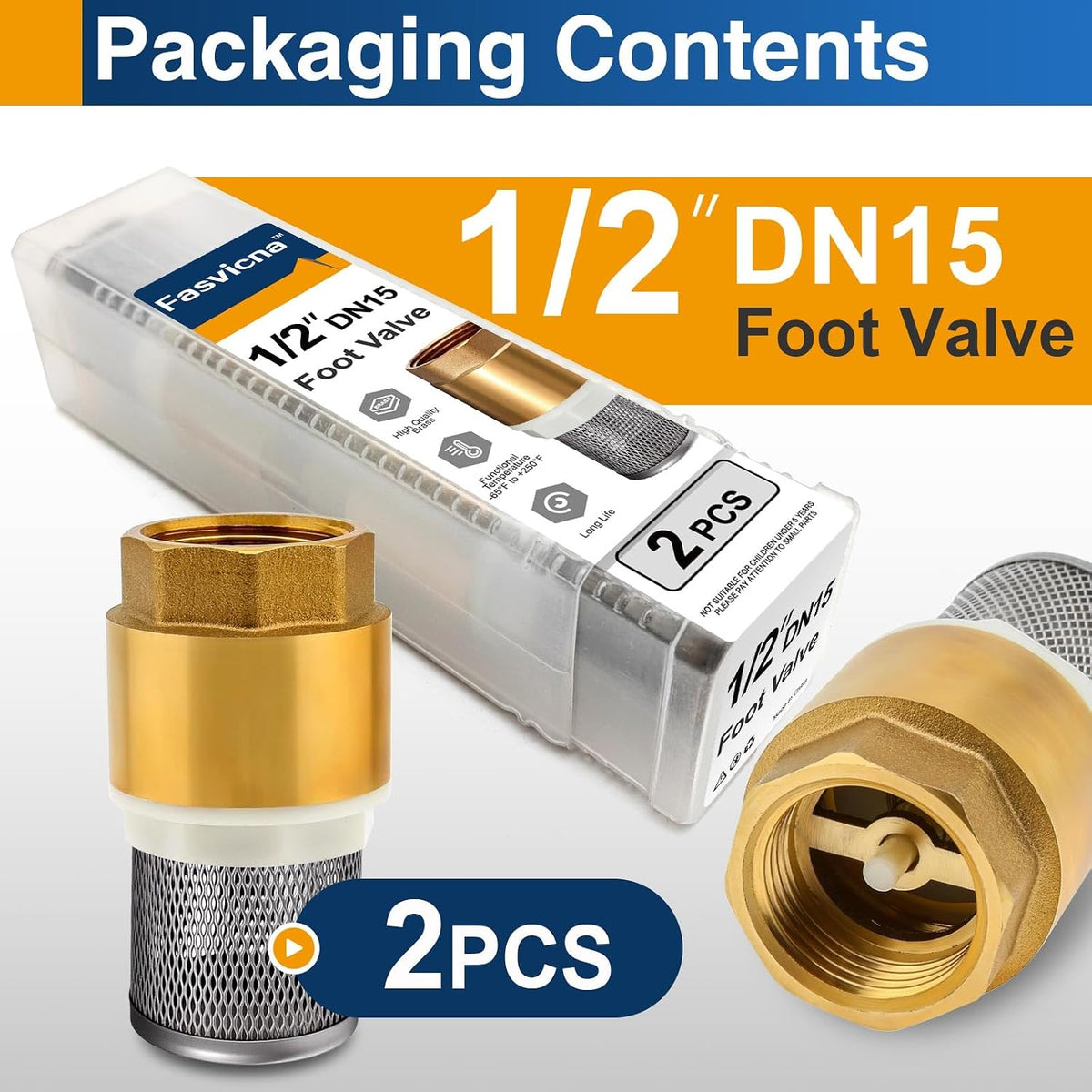 2 Pack 1/2" DN15 Brass Foot Valve with Strainer, Check Valve