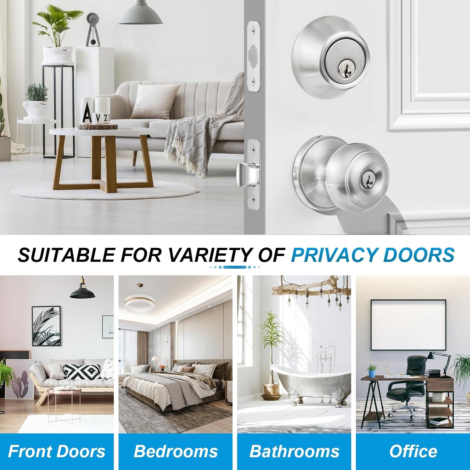 2 Pack Entry Door Lock and Single Cylinder Deadbolt Combo Set, Keyed Alike Satin Nickel Exterior Door Knobs with