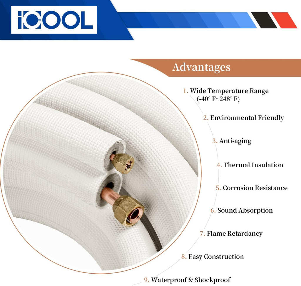 33 Ft. Mini Split Line Set 1/4" & 1/2" O.D. Twin Copper Pipes | without Fittings, 3/8" Thickened PE Insulated Coil