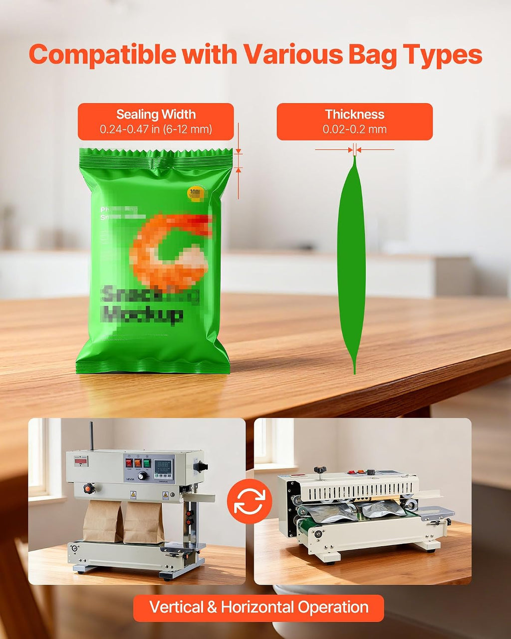 Continuous Bag Band Sealing Machine, 0.24-0.47 in Seal Width, Vertical Band Sealer Machine with Roller Printing, Temp