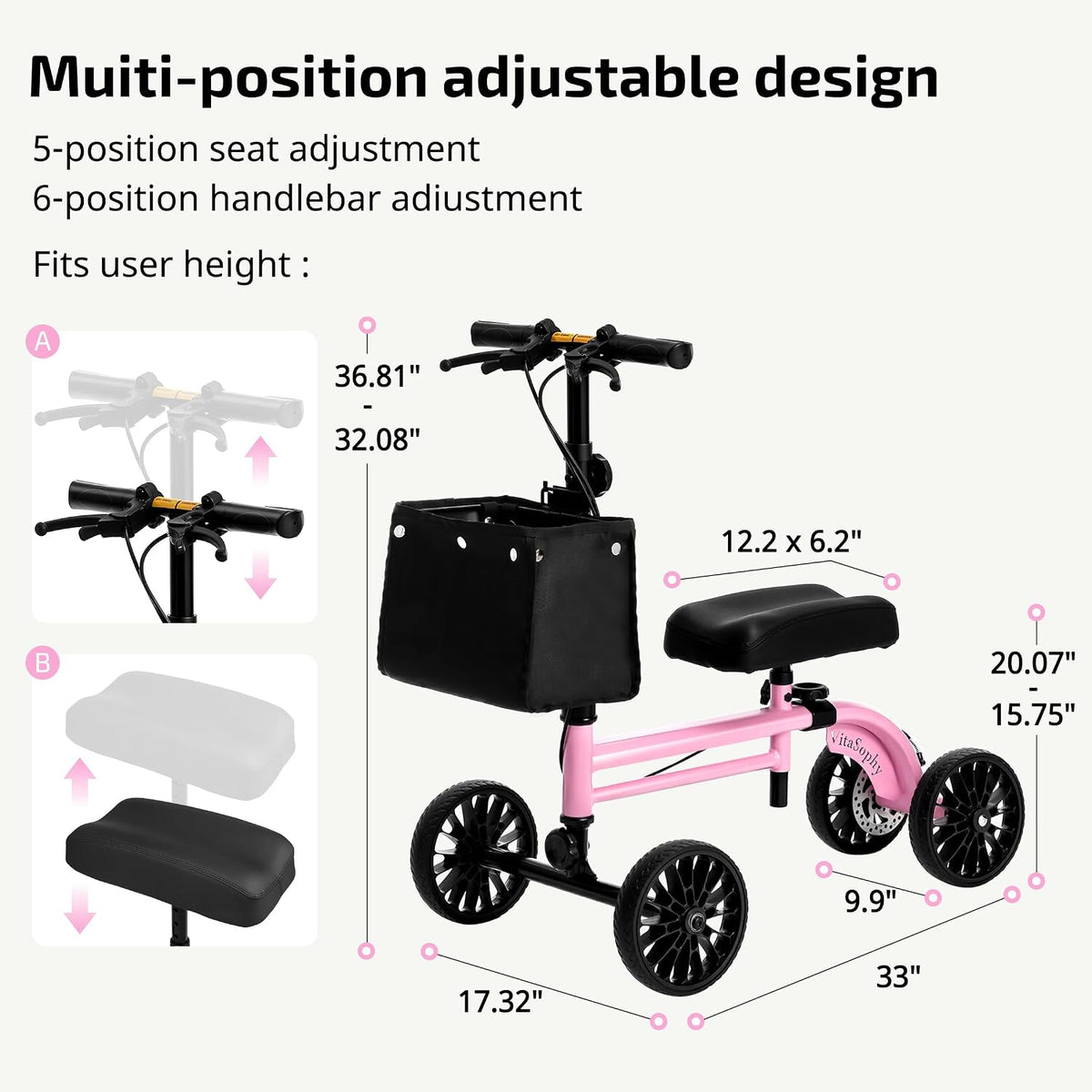 Steerable Knee Scooter Walker for Adults, Pink