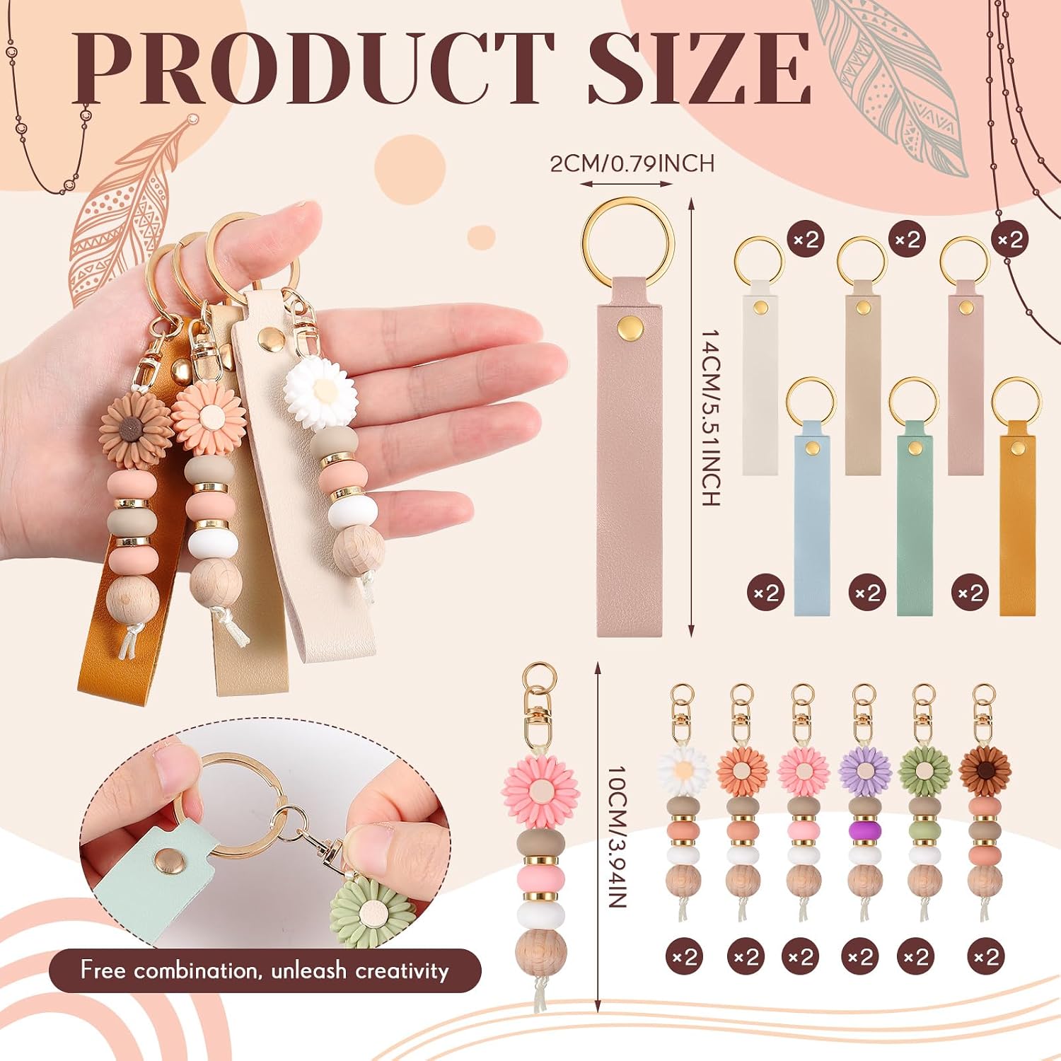 12 Set Daisy and PU Leather Beadable Keychain Bars Bulk Laser Engraving Blanks Keychain Kit for DIY Crafts Jewelry