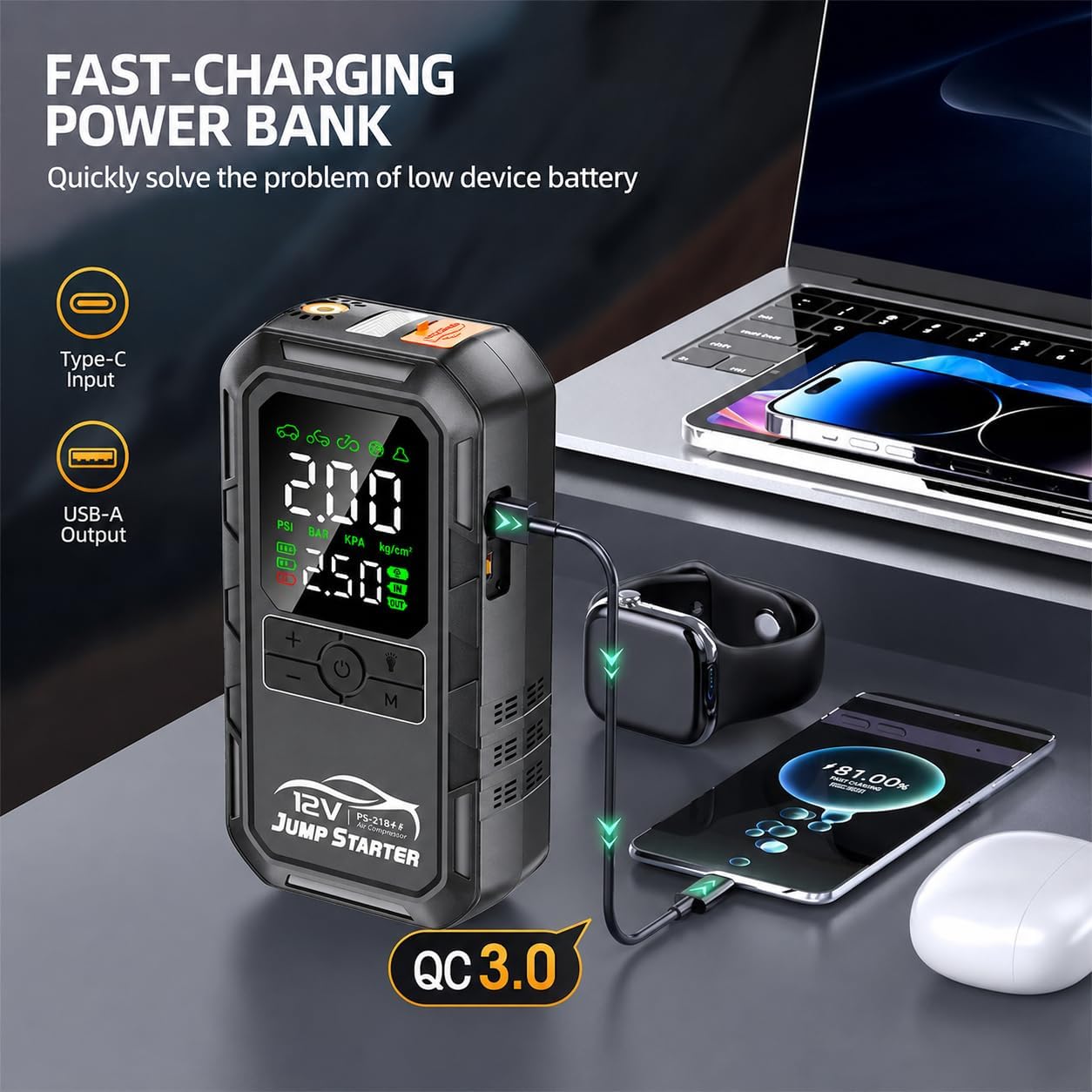 10-in-1 Car Battery Jump Starter with Air Compressor 8000A 160PSI Portable Car Jumper Starter (All Gas 12L Diesel)