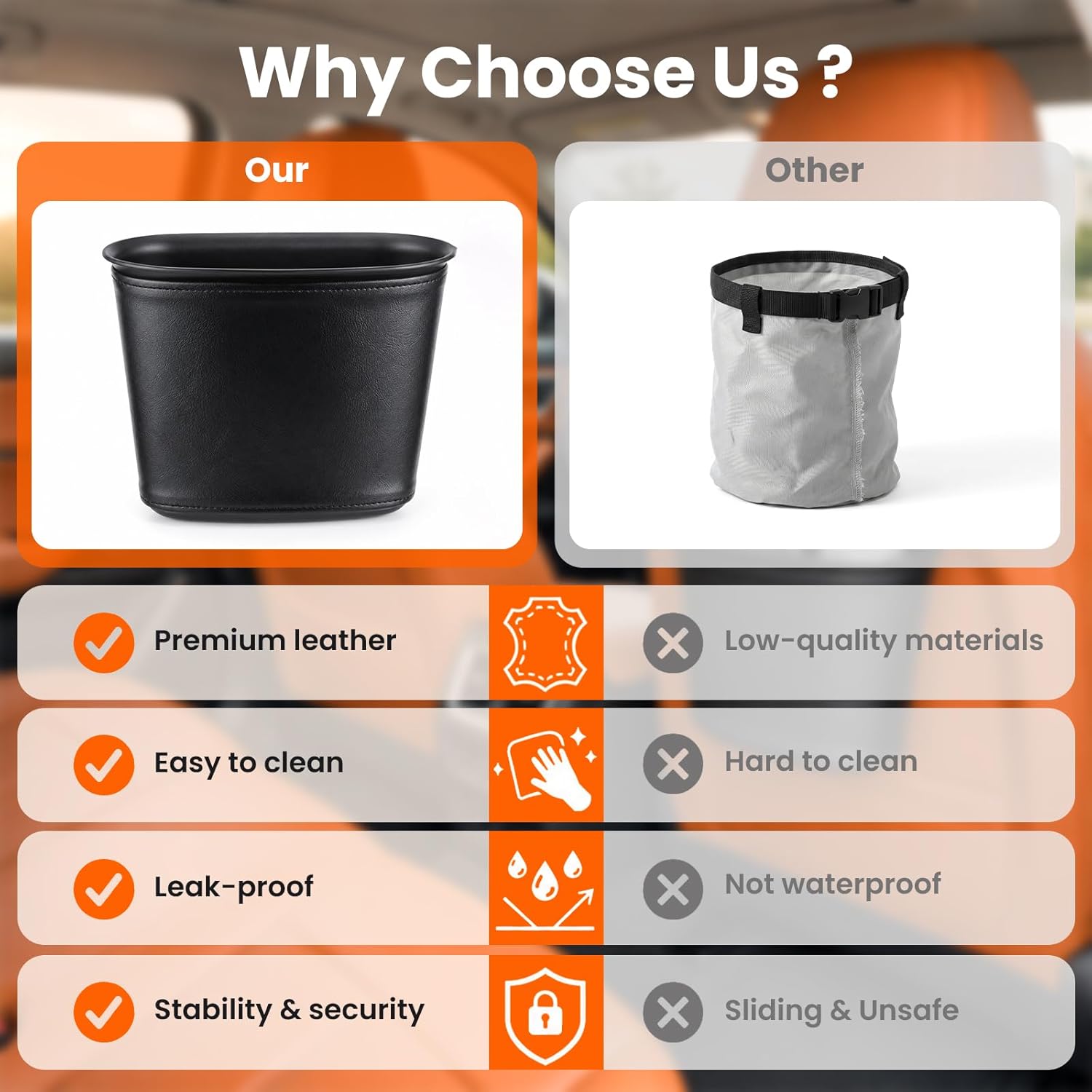 Small Car Trash Can,Leather Car Grabage Can with Hanging Hook,Leakproof Automotive Trash Bin,Portable & Multi-Purpose