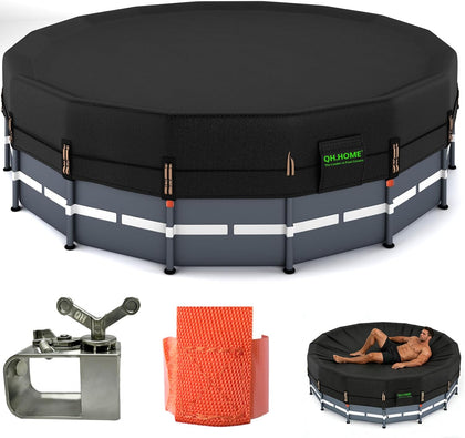 550D 10 ft Pool Cover Round[Upgraded Tear Resistant & Quadruple Windproof] wth Pre-Installed Patented Winch and Rope