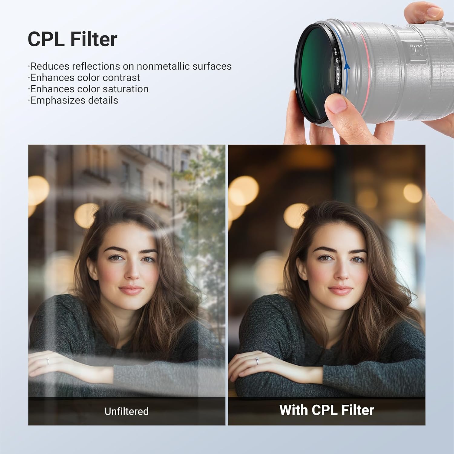 49mm Variable ND + CPL + UV Filter Kit (3 Pack), Multicoated Neutral Density (ND2-400) Circular Polarizer Camera Lens