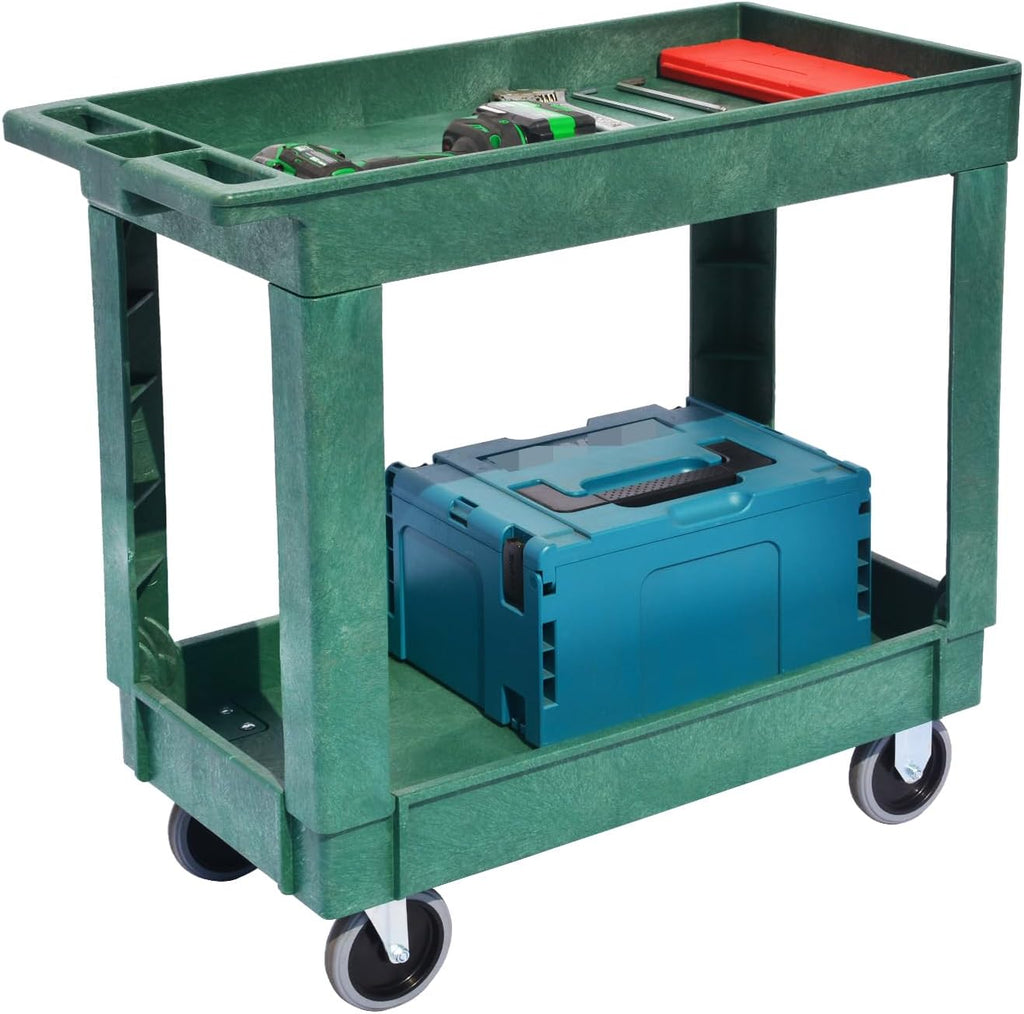 Heavy-Duty Rolling Storage Cart with Open Plastic Shelves and Tall Lip, 500 LB Capacity Utility Cart with Tray Top