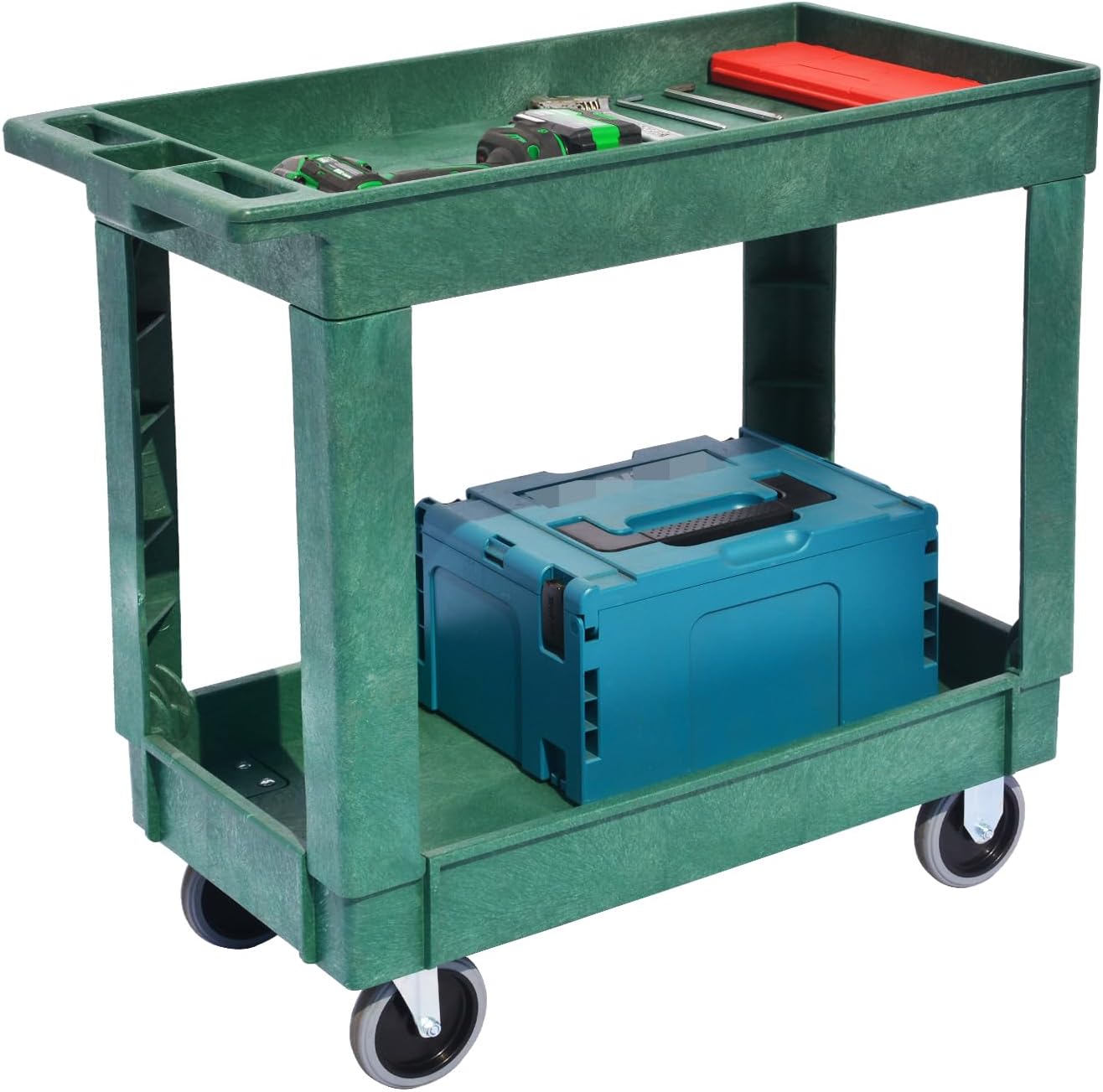 Heavy-Duty Rolling Storage Cart with Open Plastic Shelves and Tall Lip, 500 LB Capacity Utility Cart with Tray Top